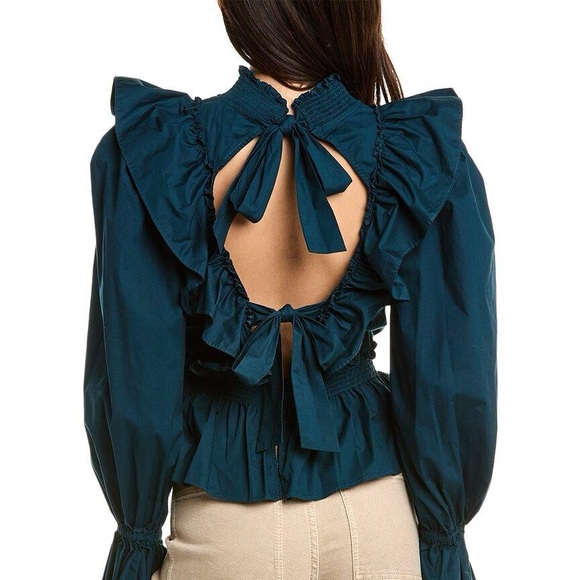 Sea NY Gaia Ruffled Tie Back Long Sleeve Backless Top Aegean Blue - Picture 3 of 15